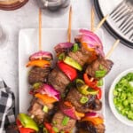 Closeup square image of Blackstone Beef Kabobs