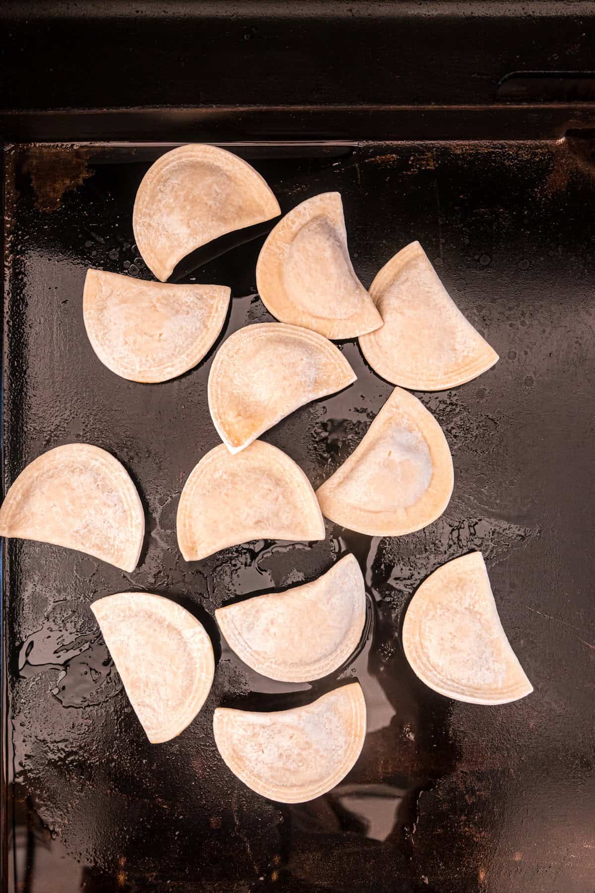 Pierogies on Blackstone griddle for Blackstone Sausage and Pierogies recipe