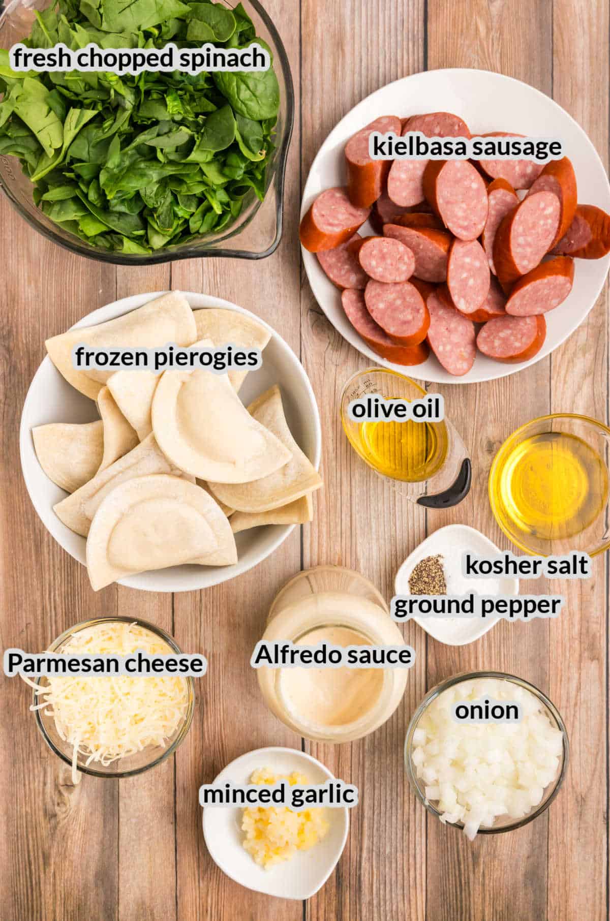 Overhead Image of Blackstone Sausage and Pierogies Ingredients