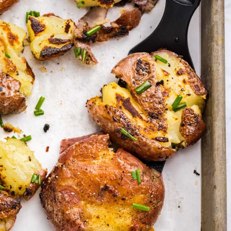 Closeup square image of Blackstone Smashed Potatoes