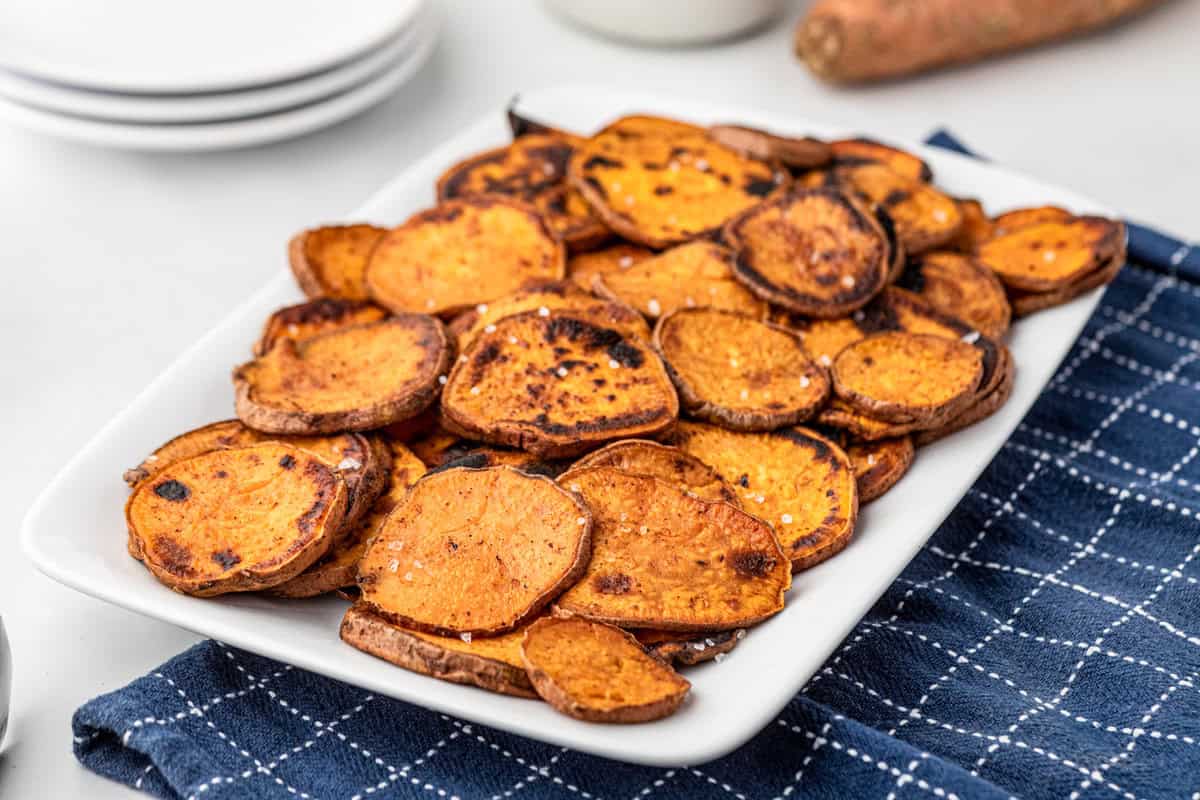Grilled Sweet Potatoes arranged on white serving plate