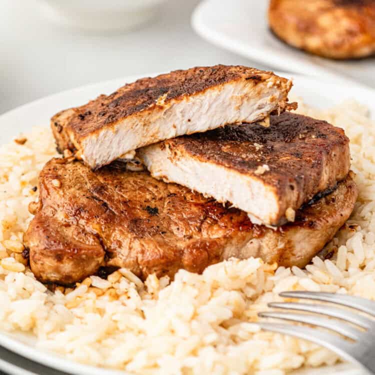 Closeup square image of Grilled Honey Garlic Pork Chops