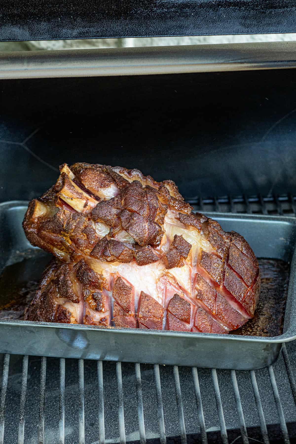 Grilled Pulled Pork Ham in 9x13 pan on grill