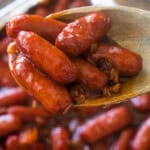 BBQ Little Smokies on wooden spoon