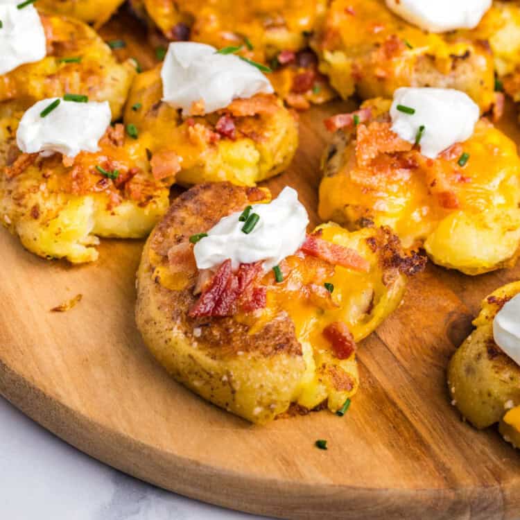 Closeup sqaure image of Blackstone Loaded Smashed Potatoes