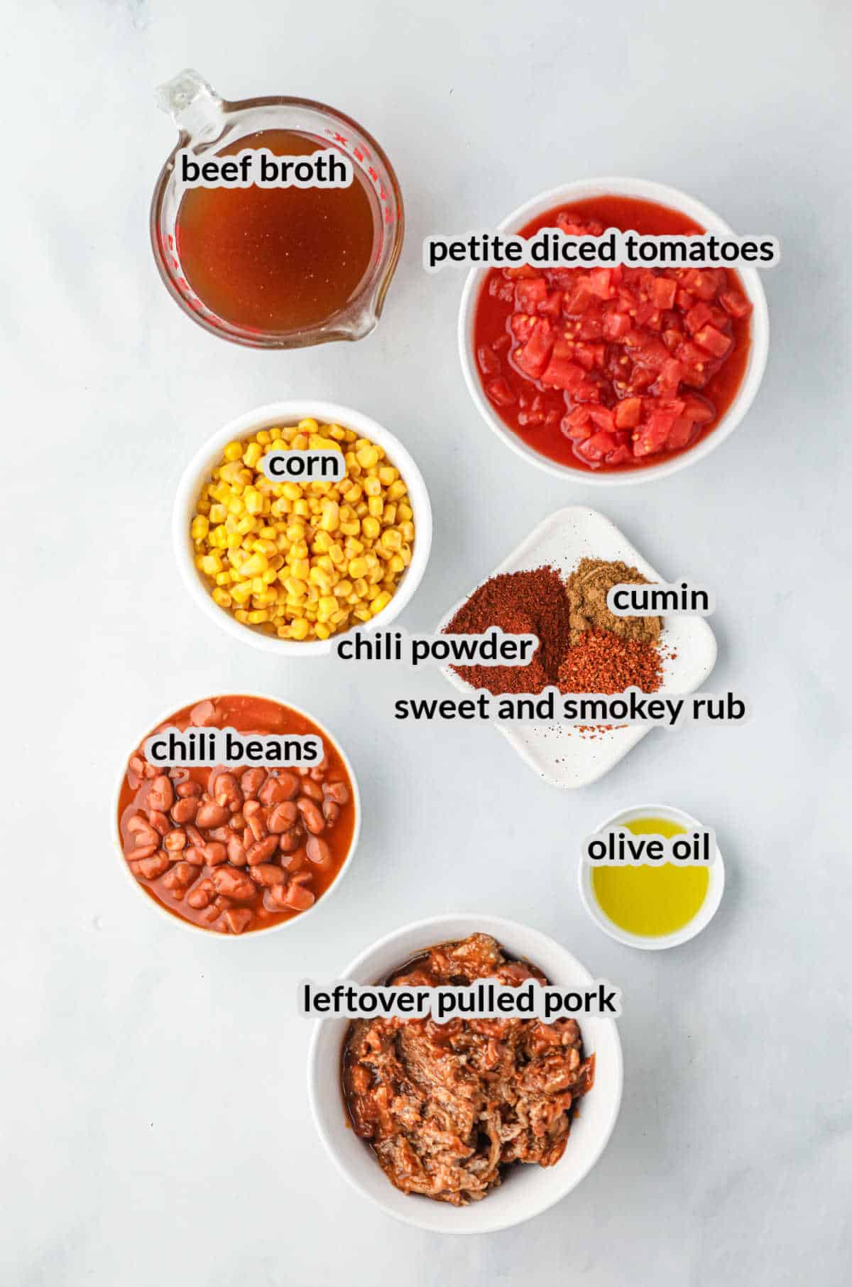Overhead Image of Pulled Pork Chili Ingredients