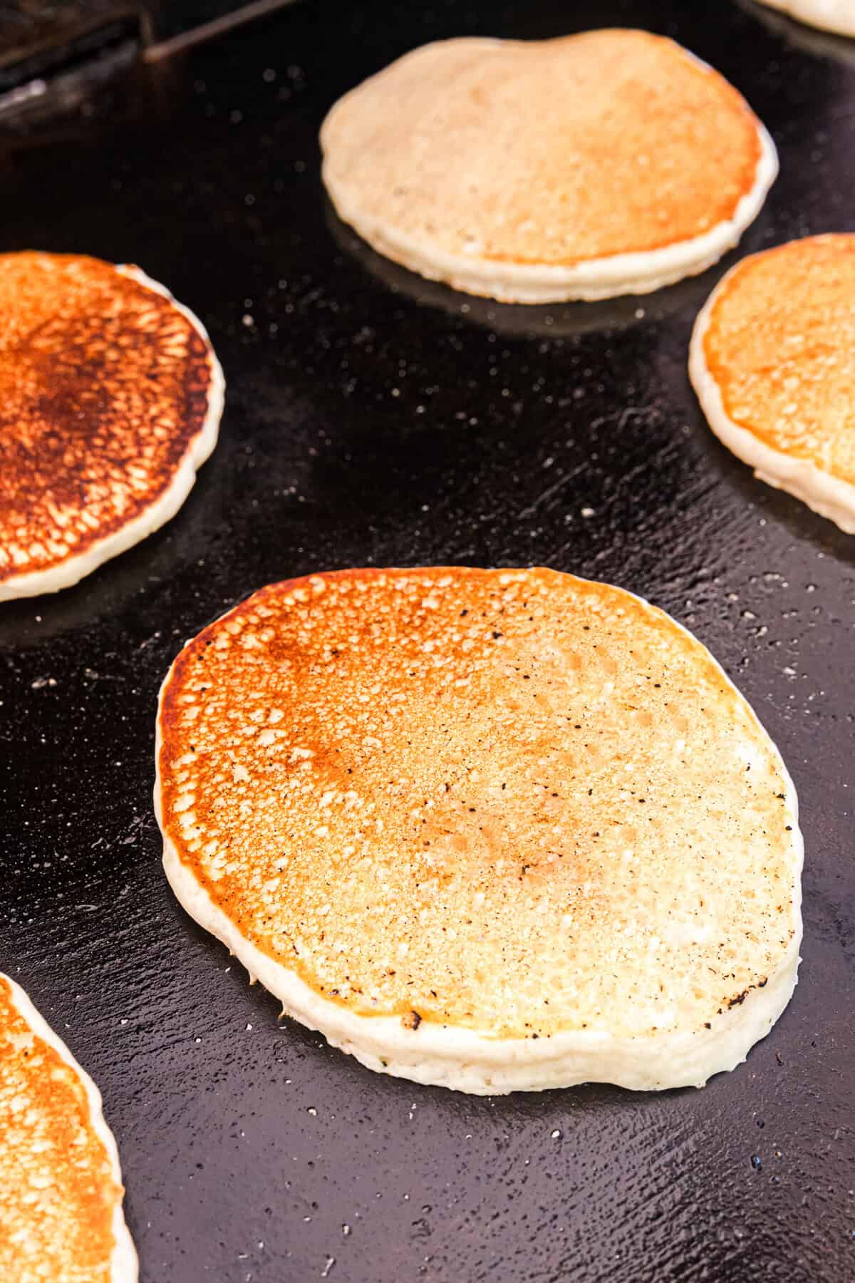 Buttermilk Pancakes cooked to a golden brown on the Blackstone griddle
