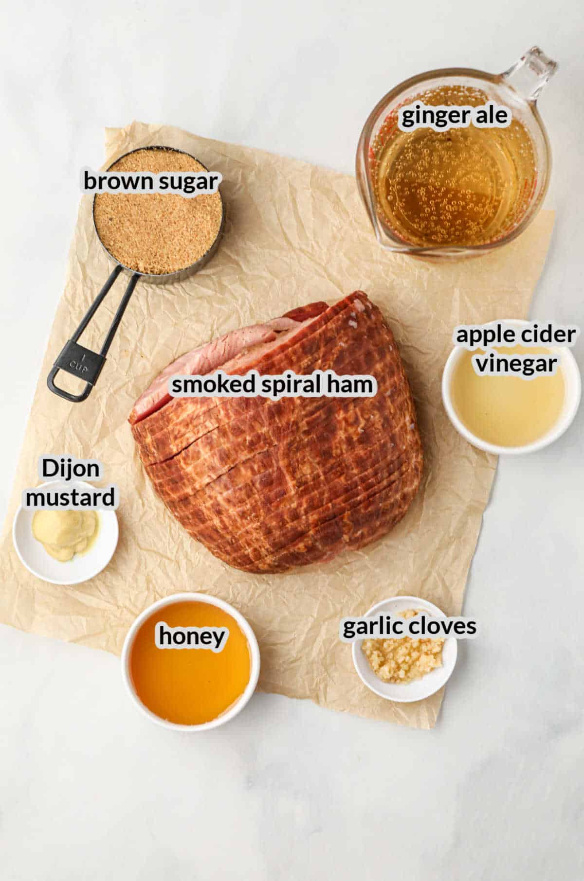 Overhead Image of Double Smoked Ham with Glaze Ingredients