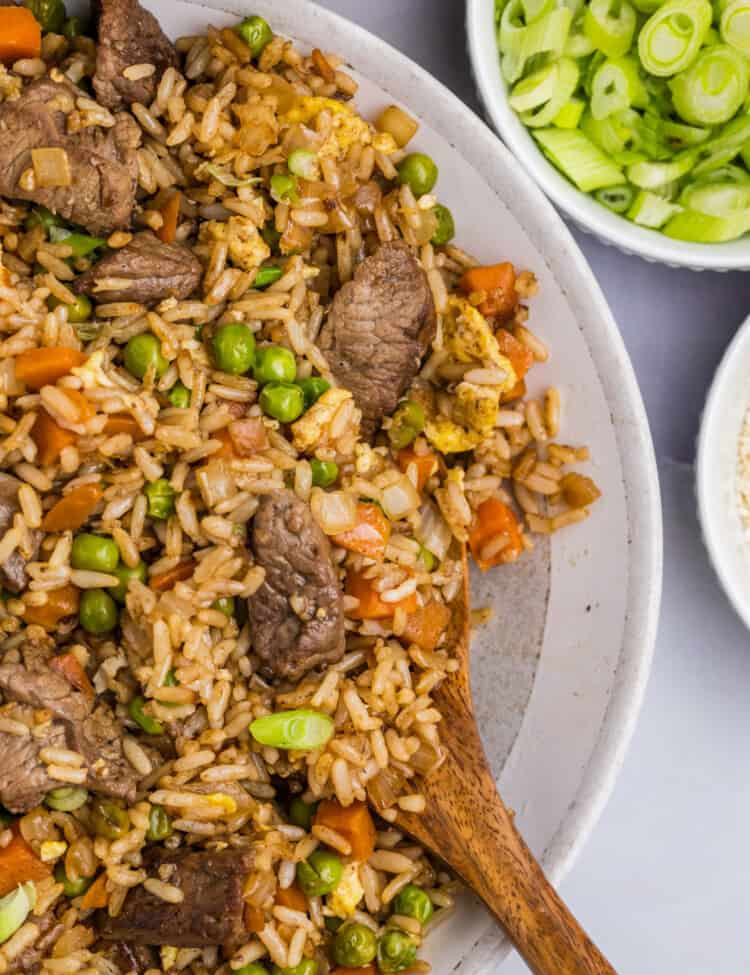 Overhead picture of white bowl with Blackstone Fried Rice in it.