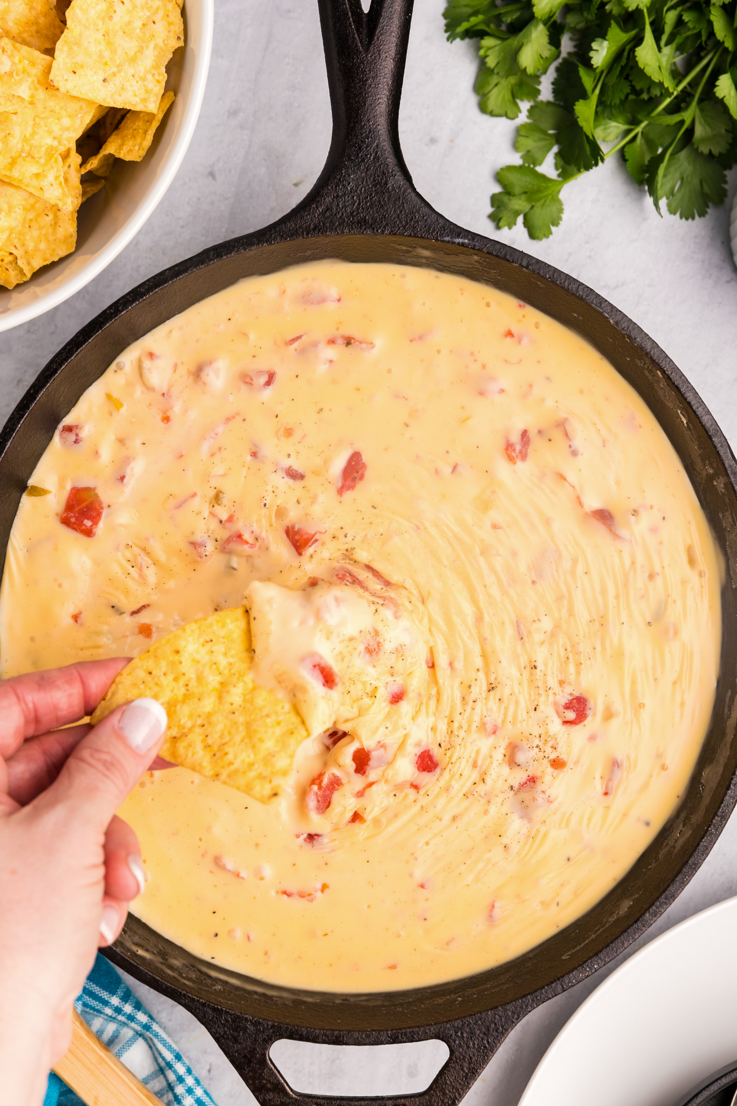 Overhead picture of hand holding a tortilla chip dipped in Blackstone Queso.