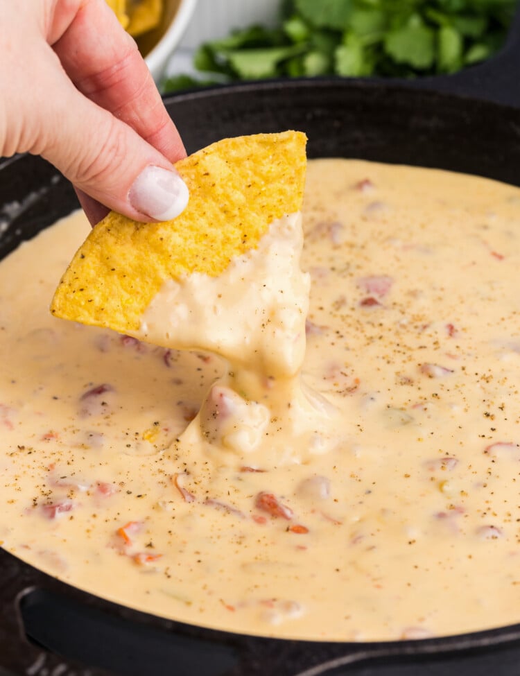 Side picture of hand holding a tortilla chip dipped in Blackstone Queso.