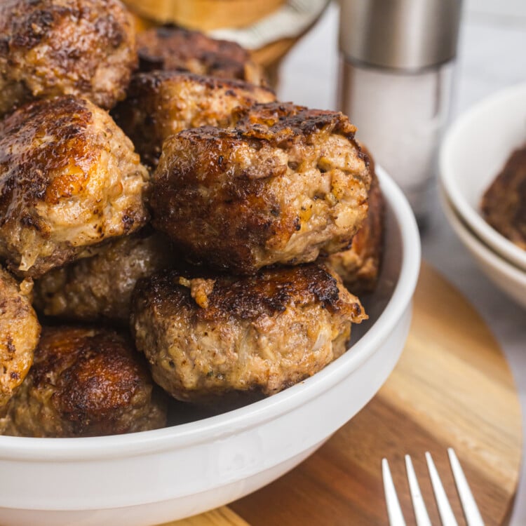 Blackstone meatballs piled up in a white bowl.