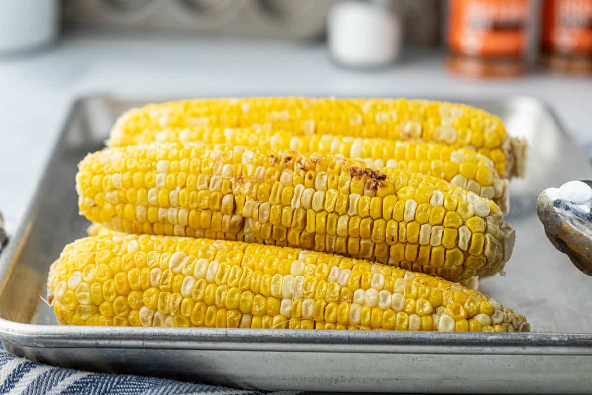 Corn on the Cob on the Smoker stacked on cooking tray