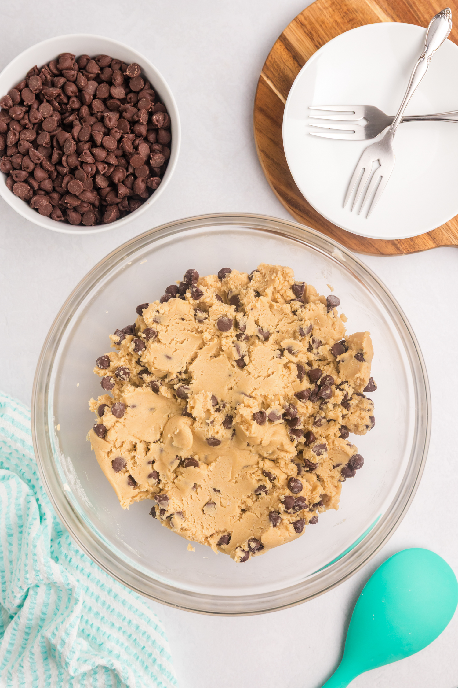 The cookie dough is completely mixed with chocolate chips evenly incorporated.