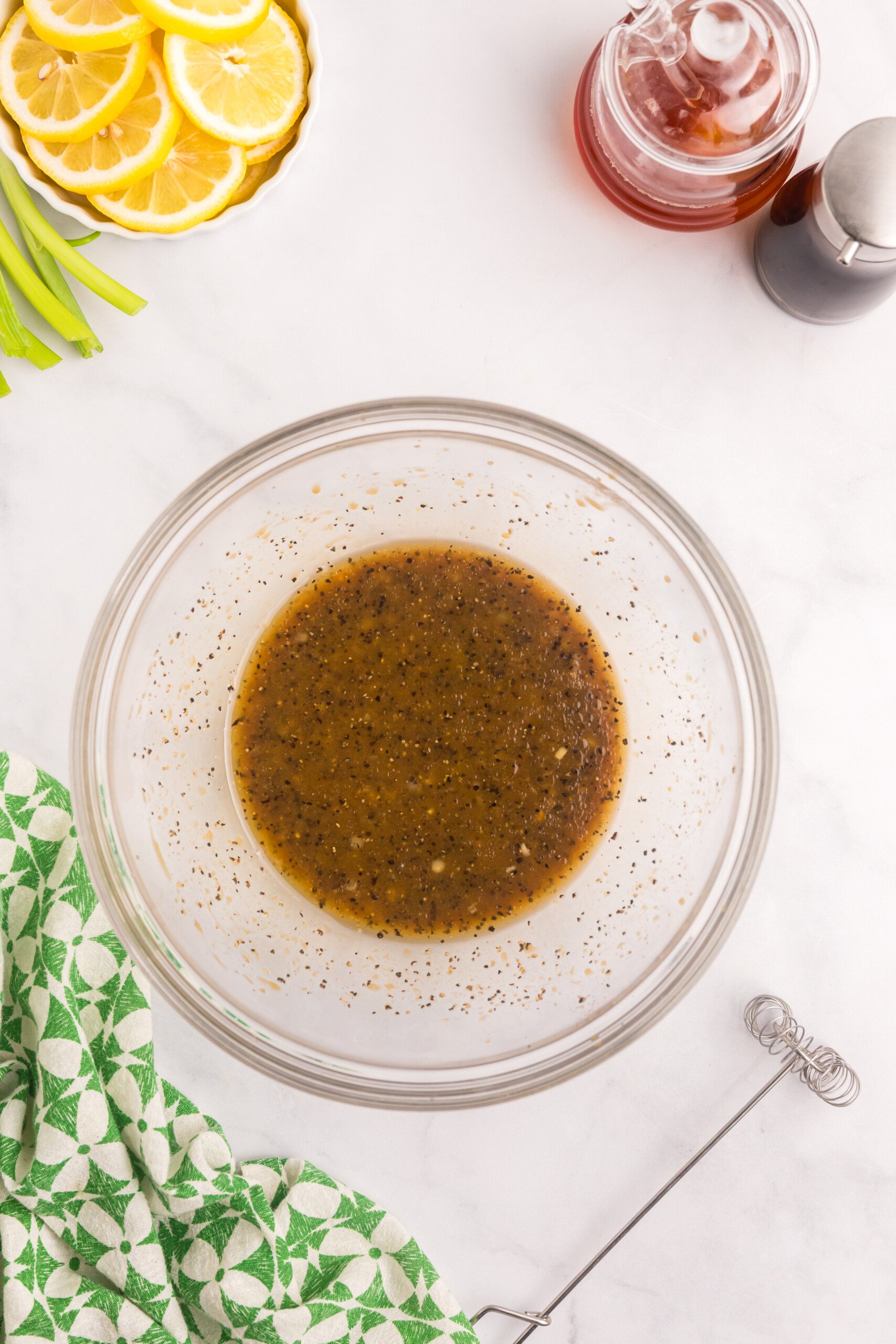 The marinade fully whisked together in the bowl.