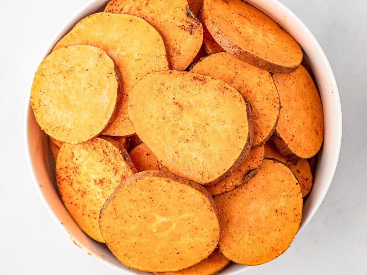 Thin slices of sweet potatoes for Grilled Sweet Potatoes recipe