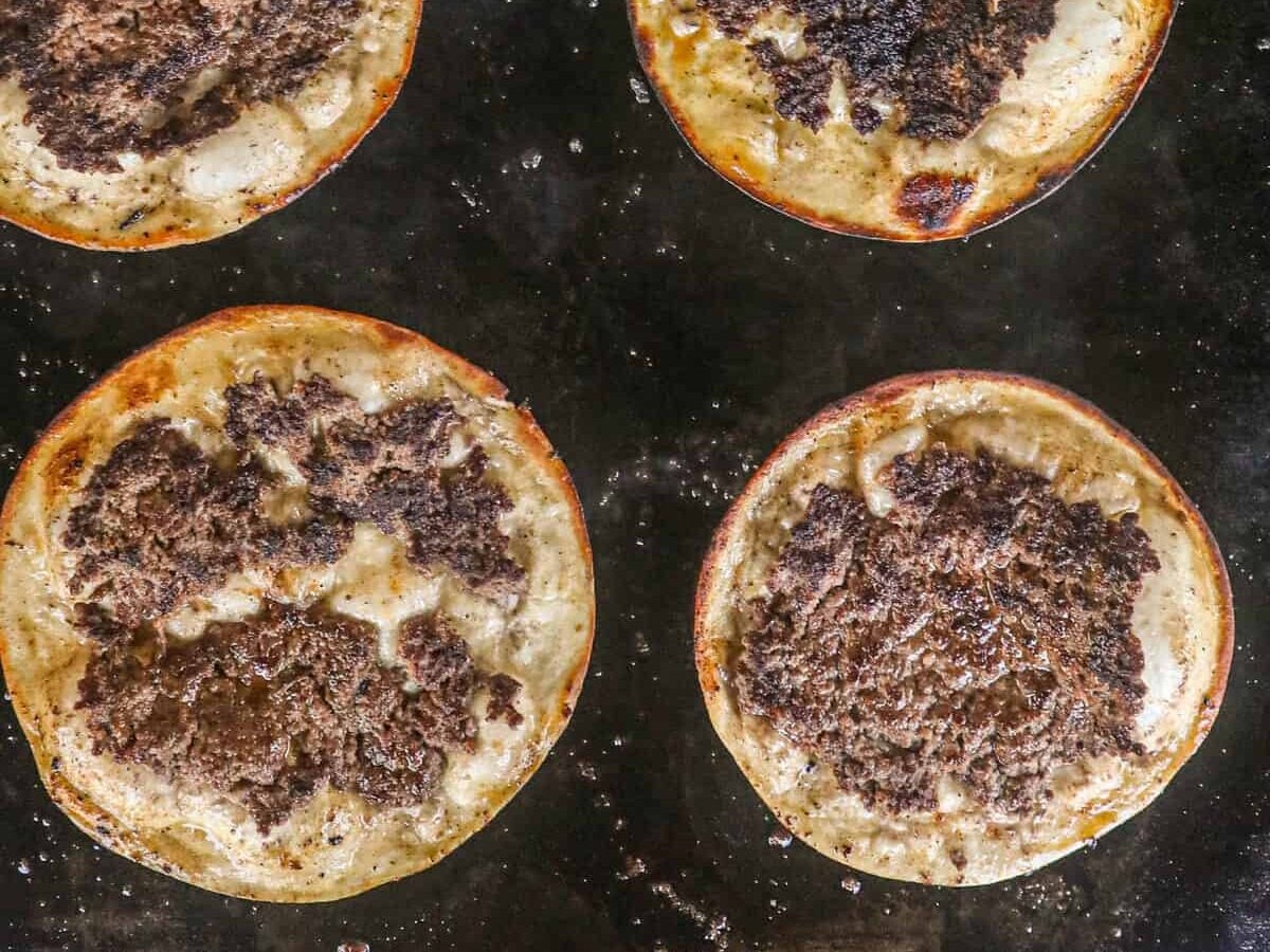 Flipped open faced Smash Burger Tacos on Blackstone griddle